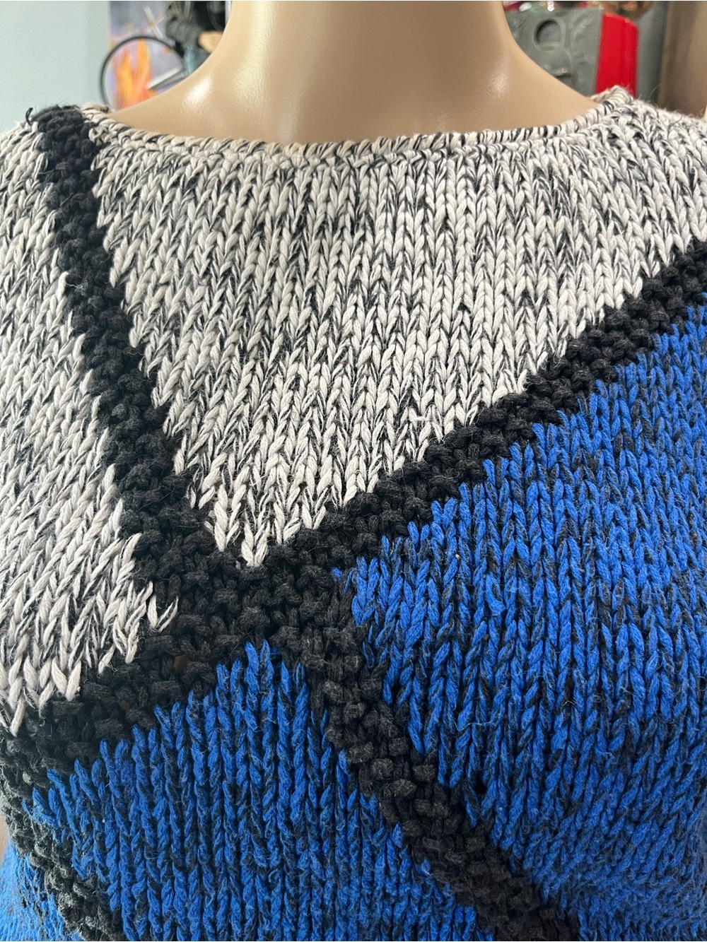 Pinnacle Geometric Colorblock Knit Top Abstract Blue Black White Slouchy Waist M - Picture 5 of 7